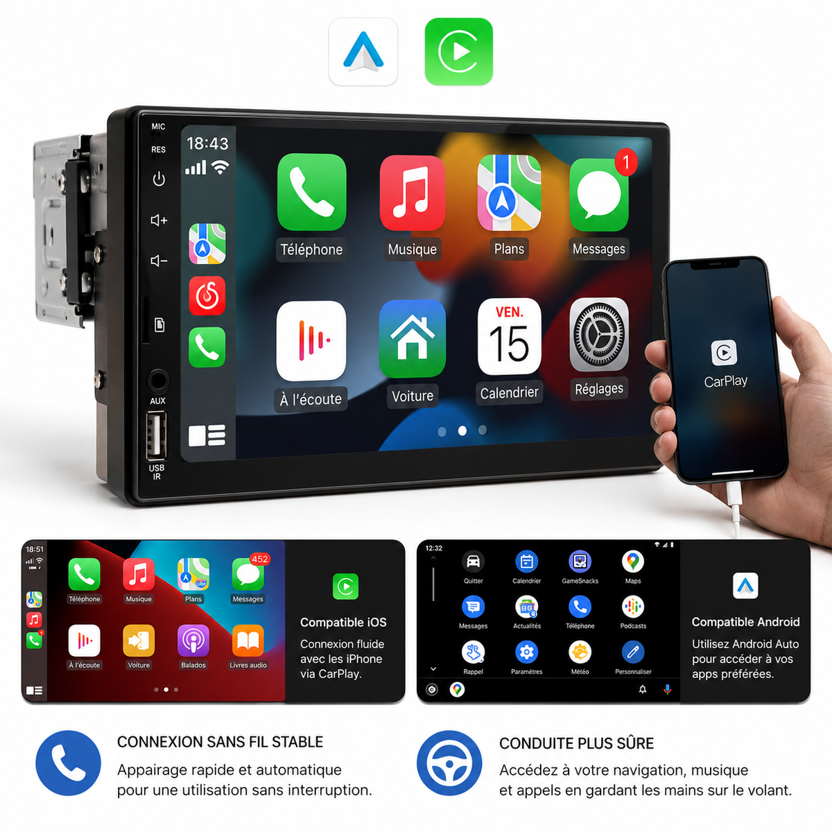 Autoradio CarPlay 7 pouces avec caméra de recul