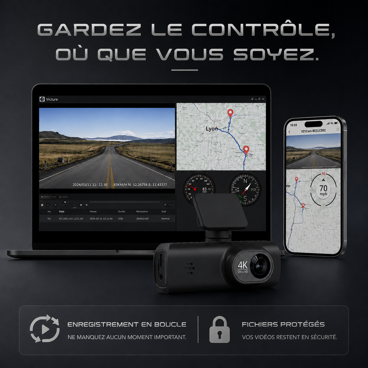 Dashcam avec caméra arrière 4K avec GPS et Wi-Fi