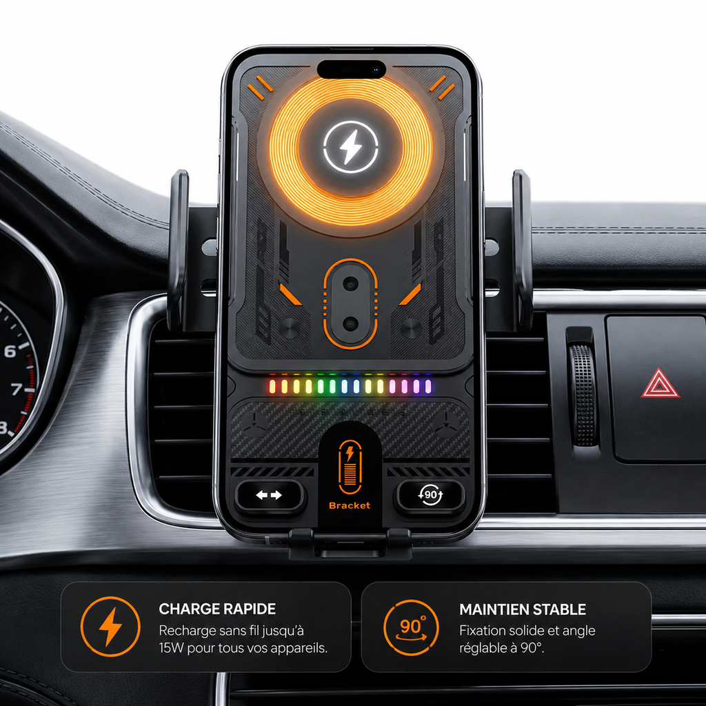 Support téléphone voiture avec charge sans fil 15W