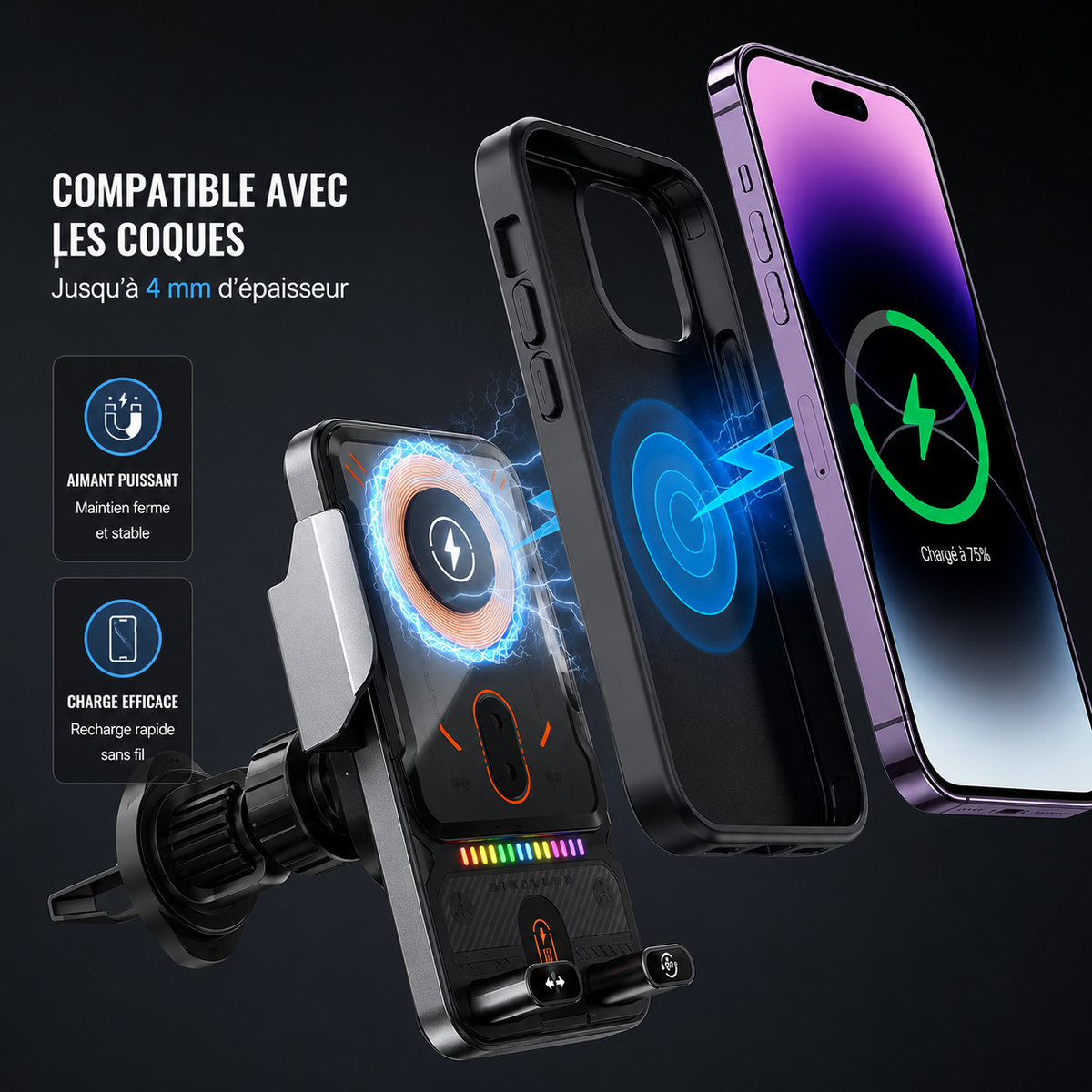 Support téléphone voiture avec charge sans fil 15W