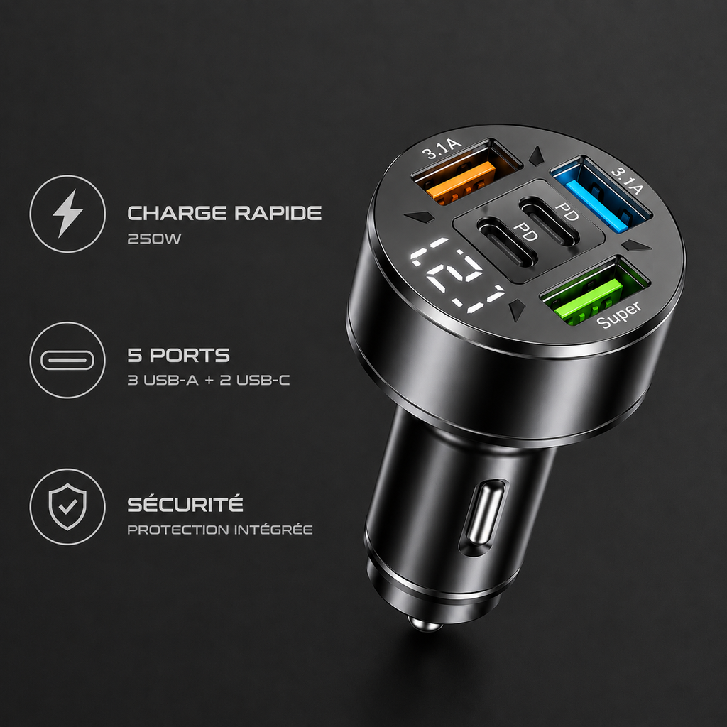 Chargeur voiture USB et USB-C multiports