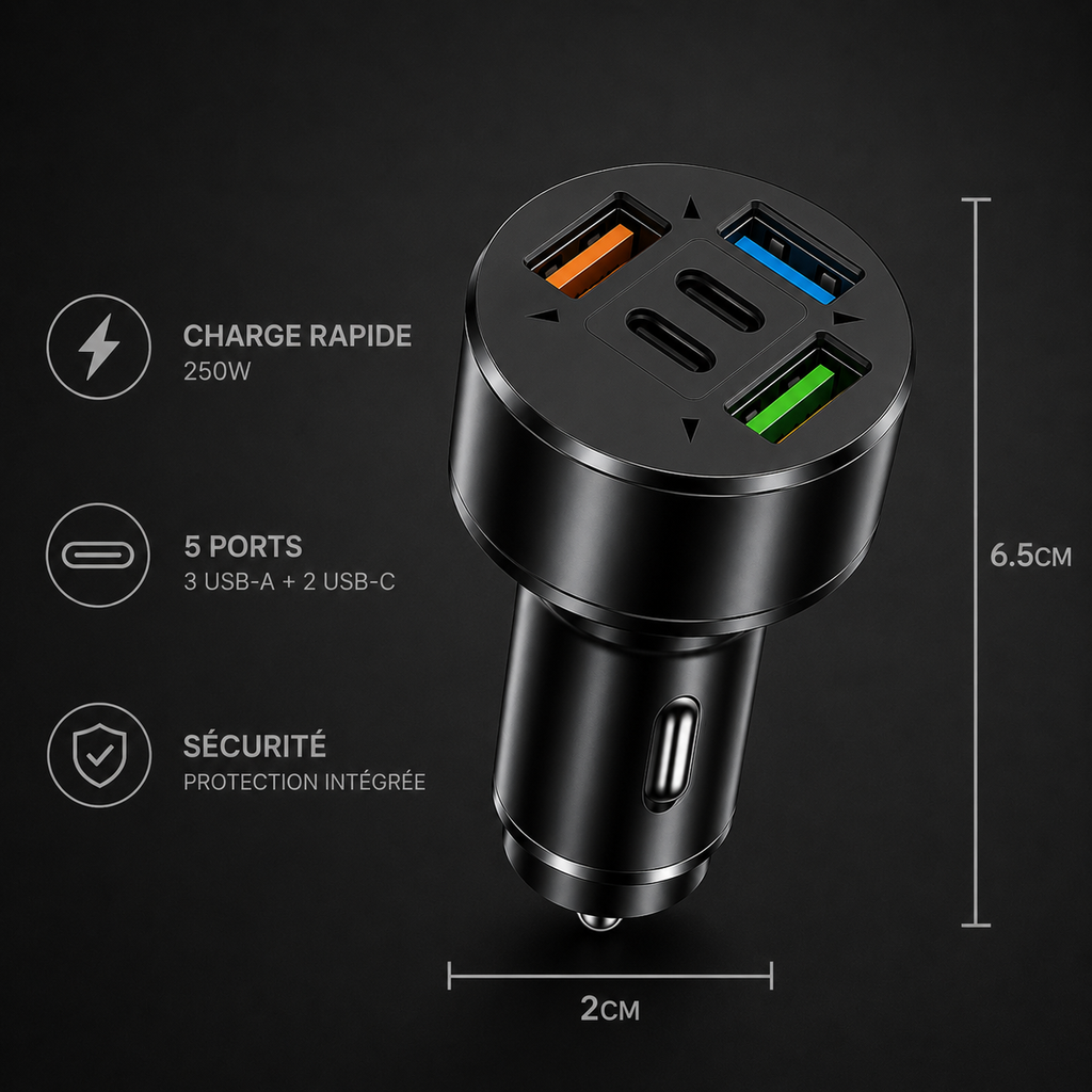Chargeur voiture USB et USB-C multiports