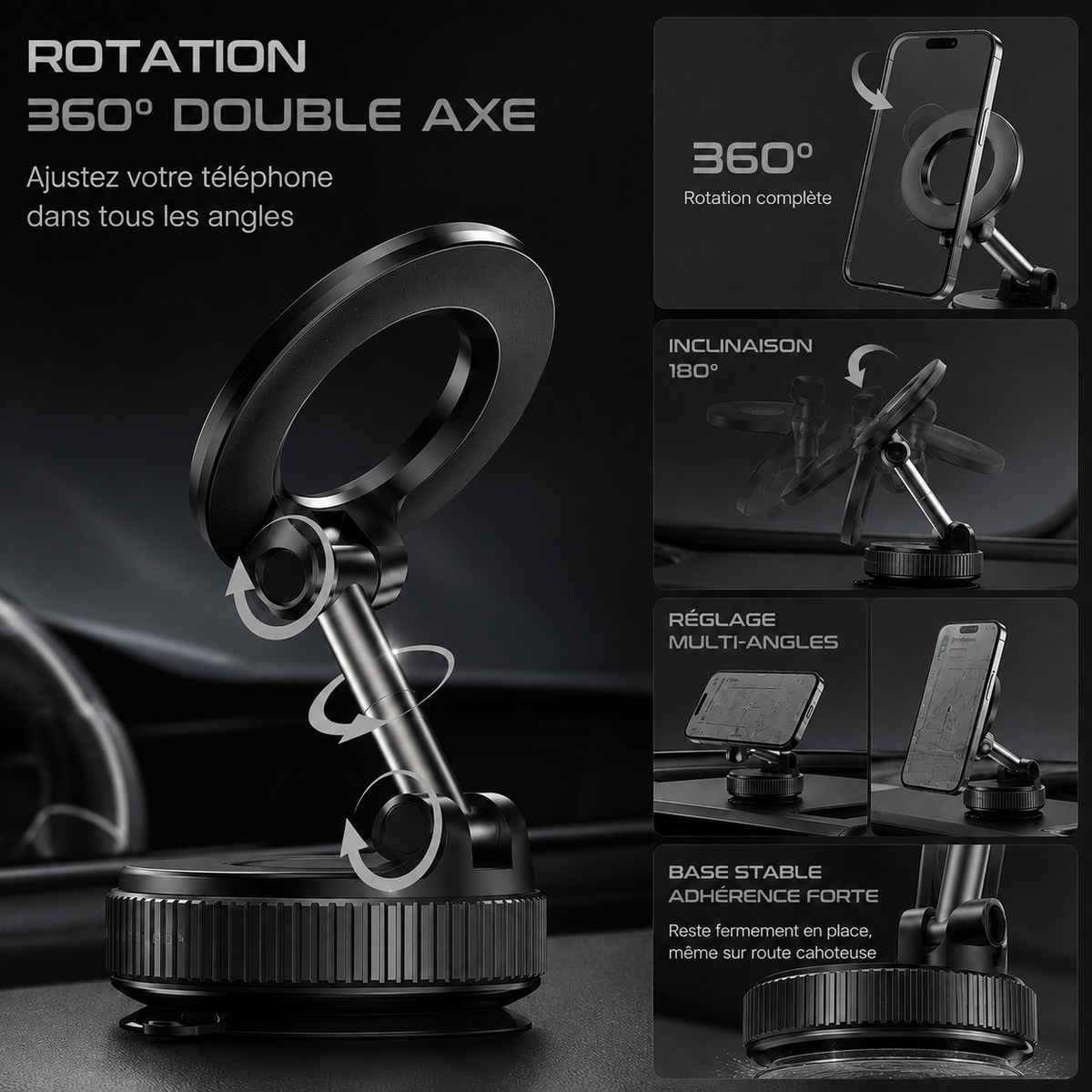 Support téléphone magnétique 360° pour voiture