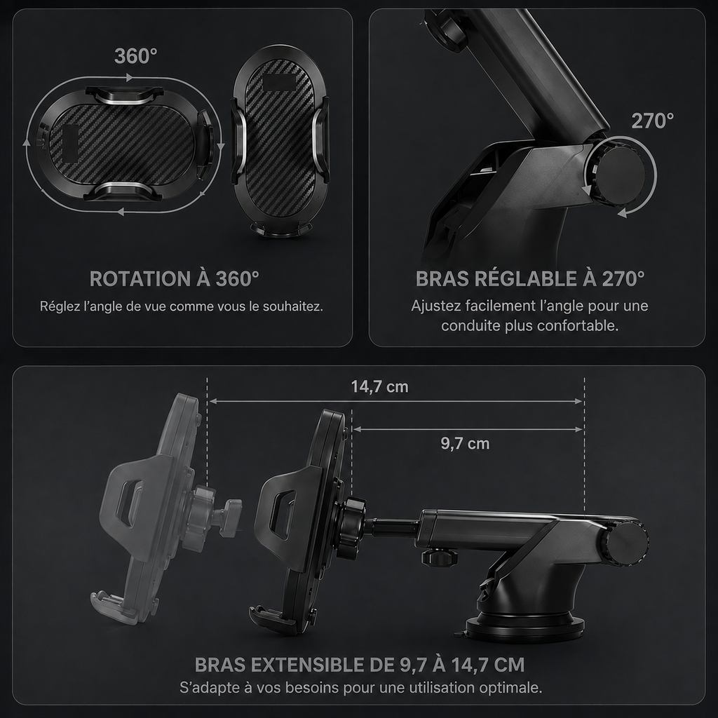 Support téléphone voiture avec ventouse 360°