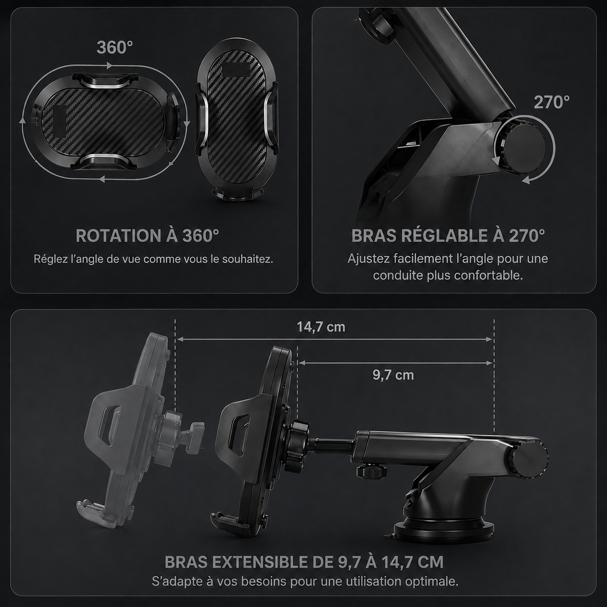 Support téléphone voiture avec ventouse 360°