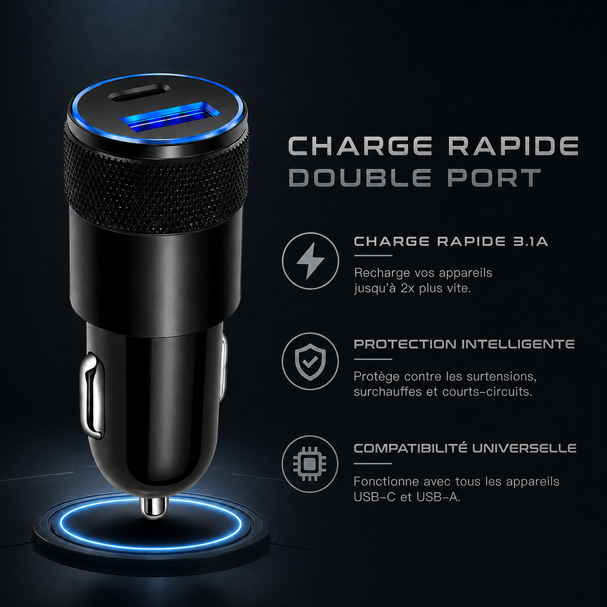 Chargeur voiture USB et USB-C compact