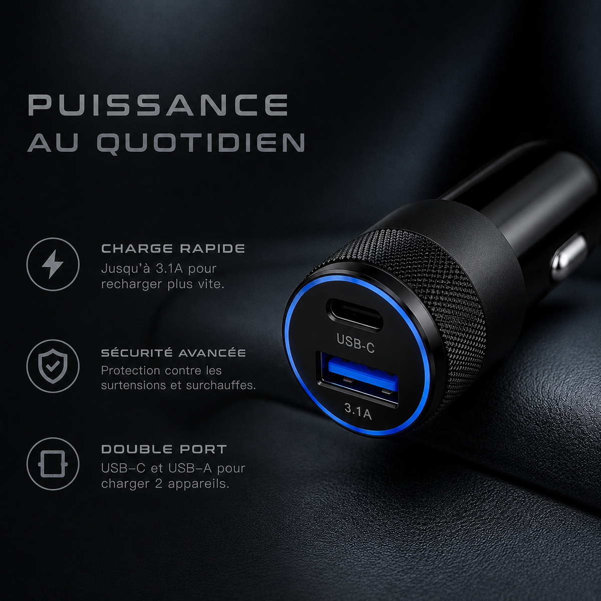 Chargeur voiture USB et USB-C compact