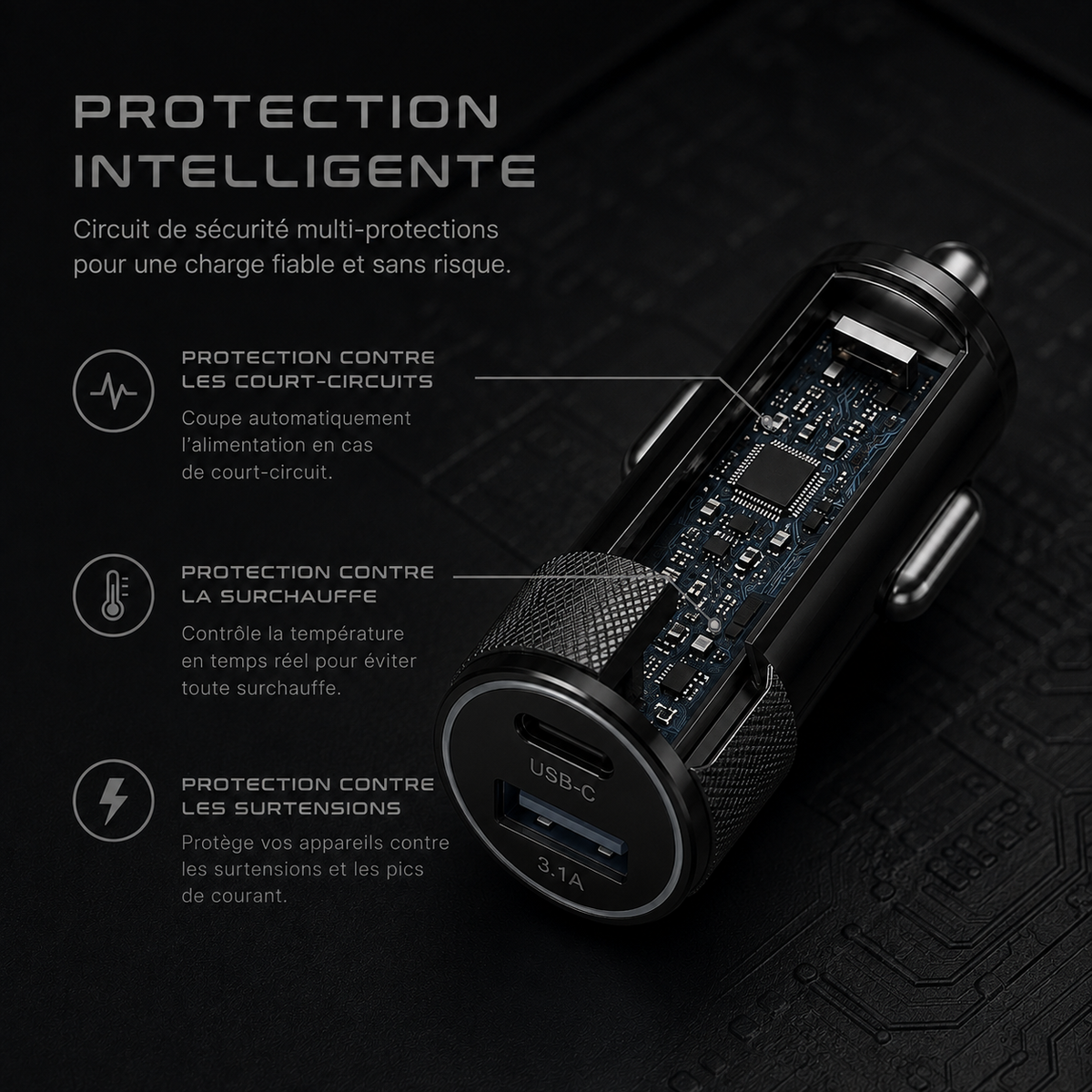 Chargeur voiture USB et USB-C compact